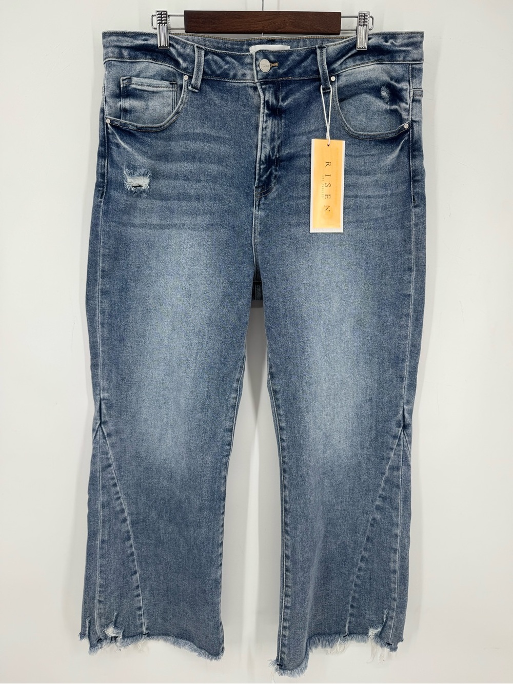 Risen Women's Medium Wash Distressed Stretch Denim Wide Leg Jeans Size 2X NWT